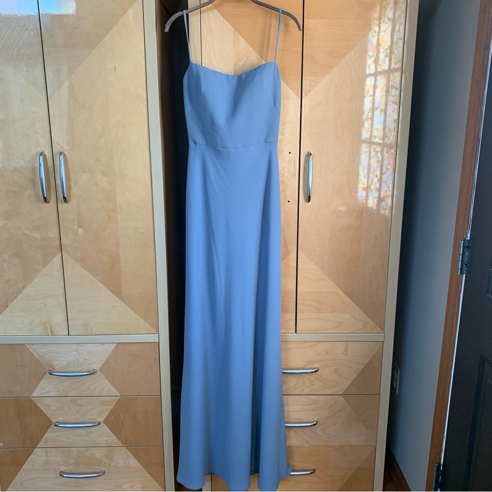 Jenny Yoo Jocelyn Dress Square Neckline Open Back Size 6 Chambray Pebbled Crepe